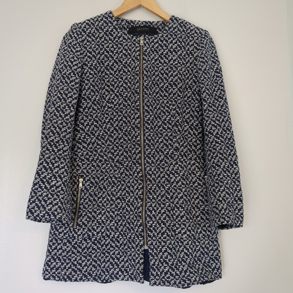 Zara Blazer Jacket Women's Medium Tweed Zippers Pockets Classy Business